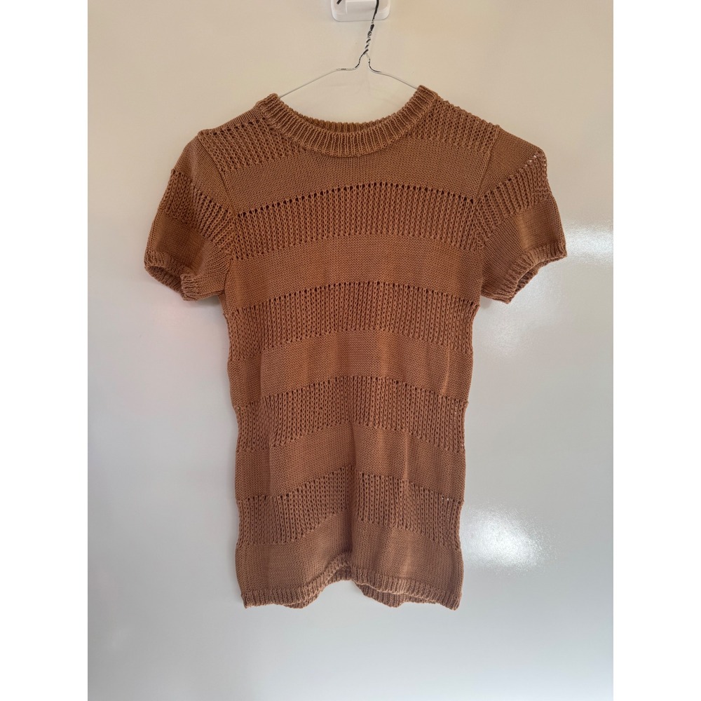 Callahan Womens XS Brown Open Knit Pointelle Short Sleeve Sweater Top 81721
